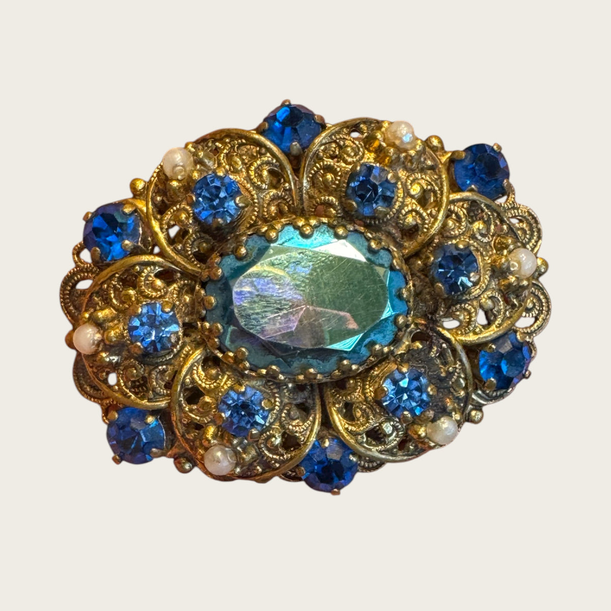 Vintage 1930s Germany Brass Filigree Brooch with Blue Rhinestones and Faux Pearls – Ornate Pre-War Pin