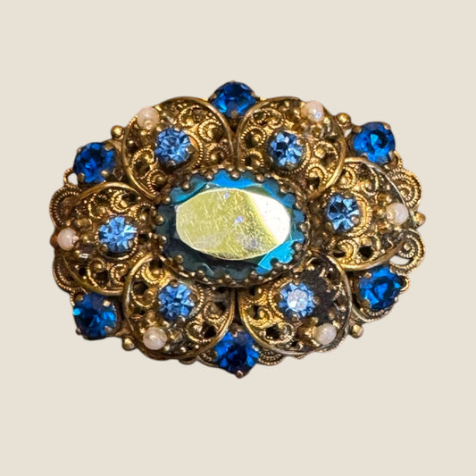 Vintage 1930s Germany Brass Filigree Brooch with Blue Rhinestones and Faux Pearls – Ornate Pre-War Pin