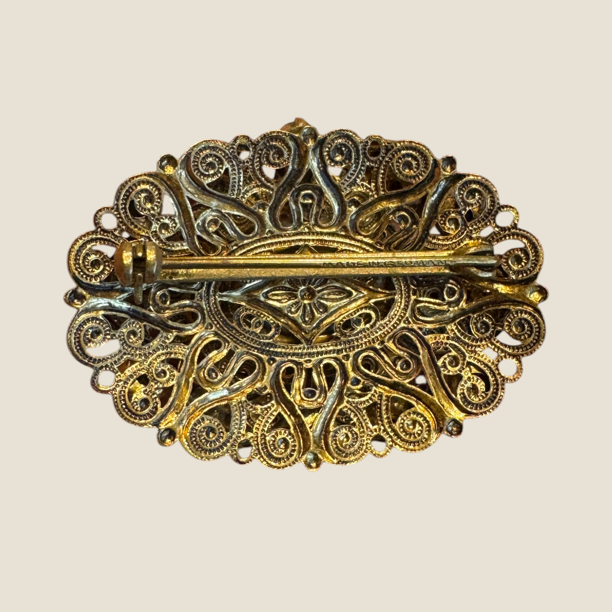 Vintage 1930s Germany Brass Filigree Brooch with Blue Rhinestones and Faux Pearls – Ornate Pre-War Pin