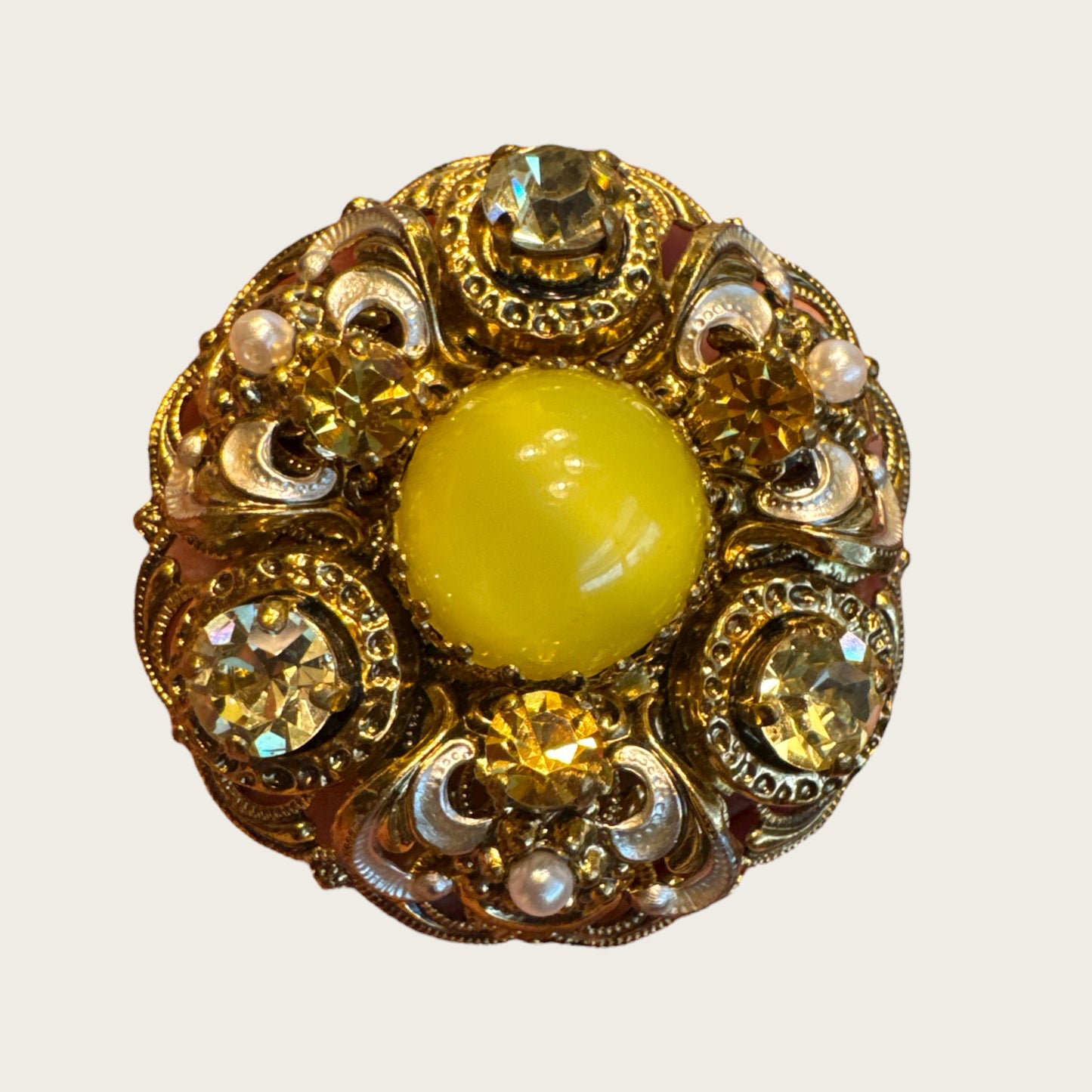 Vintage 1930s Germany Domed Filigree Brooch with Yellow Cat’s Eye Cabochon – Pre-War Statement Pin