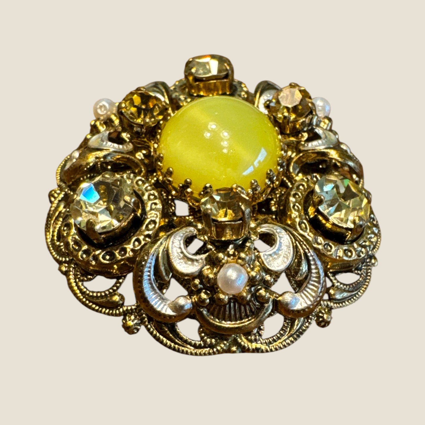 Vintage 1930s Germany Domed Filigree Brooch with Yellow Cat’s Eye Cabochon – Pre-War Statement Pin