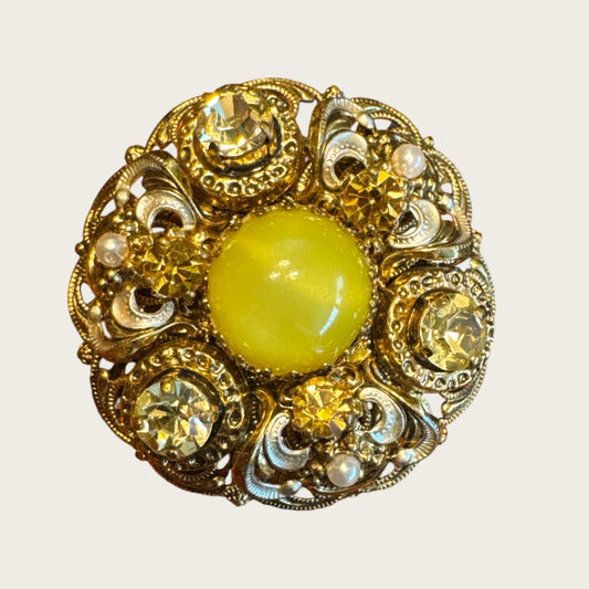 Vintage 1930s Germany Domed Filigree Brooch with Yellow Cat’s Eye Cabochon – Pre-War Statement Pin