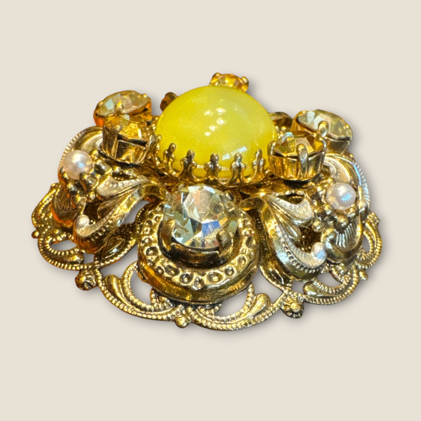 Vintage 1930s Germany Domed Filigree Brooch with Yellow Cat’s Eye Cabochon – Pre-War Statement Pin