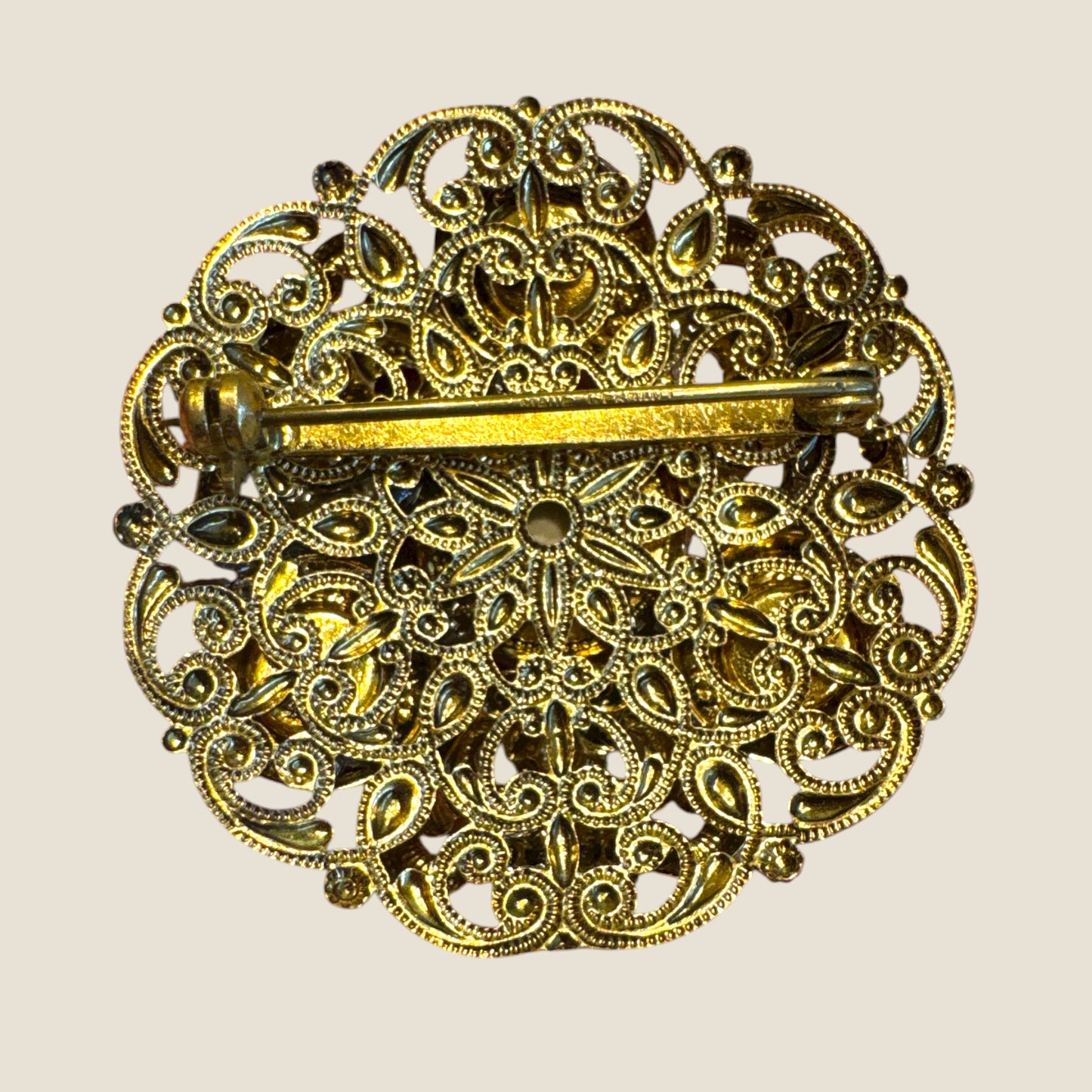 Vintage 1930s Germany Domed Filigree Brooch with Yellow Cat’s Eye Cabochon – Pre-War Statement Pin
