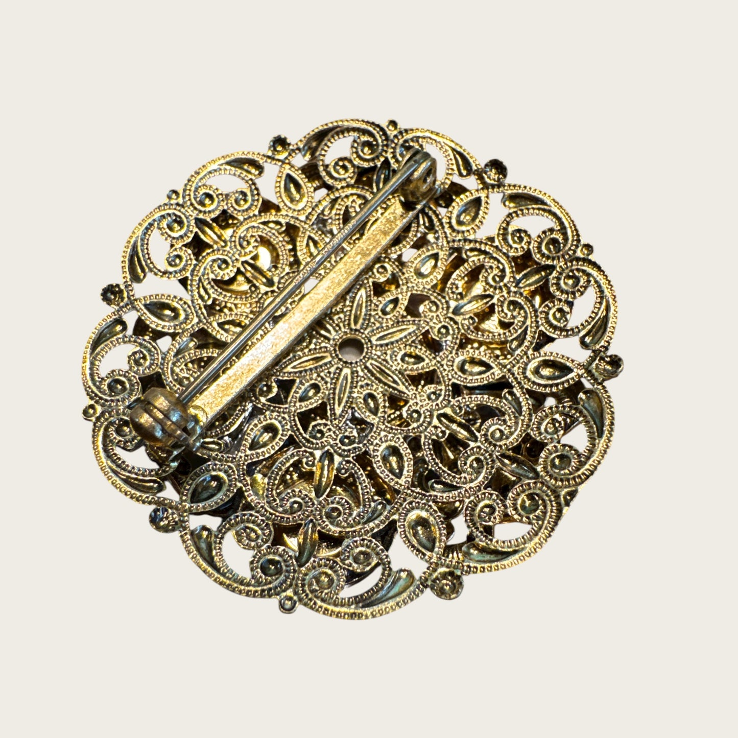 Vintage 1930s Germany Domed Filigree Brooch with Yellow Cat’s Eye Cabochon – Pre-War Statement Pin