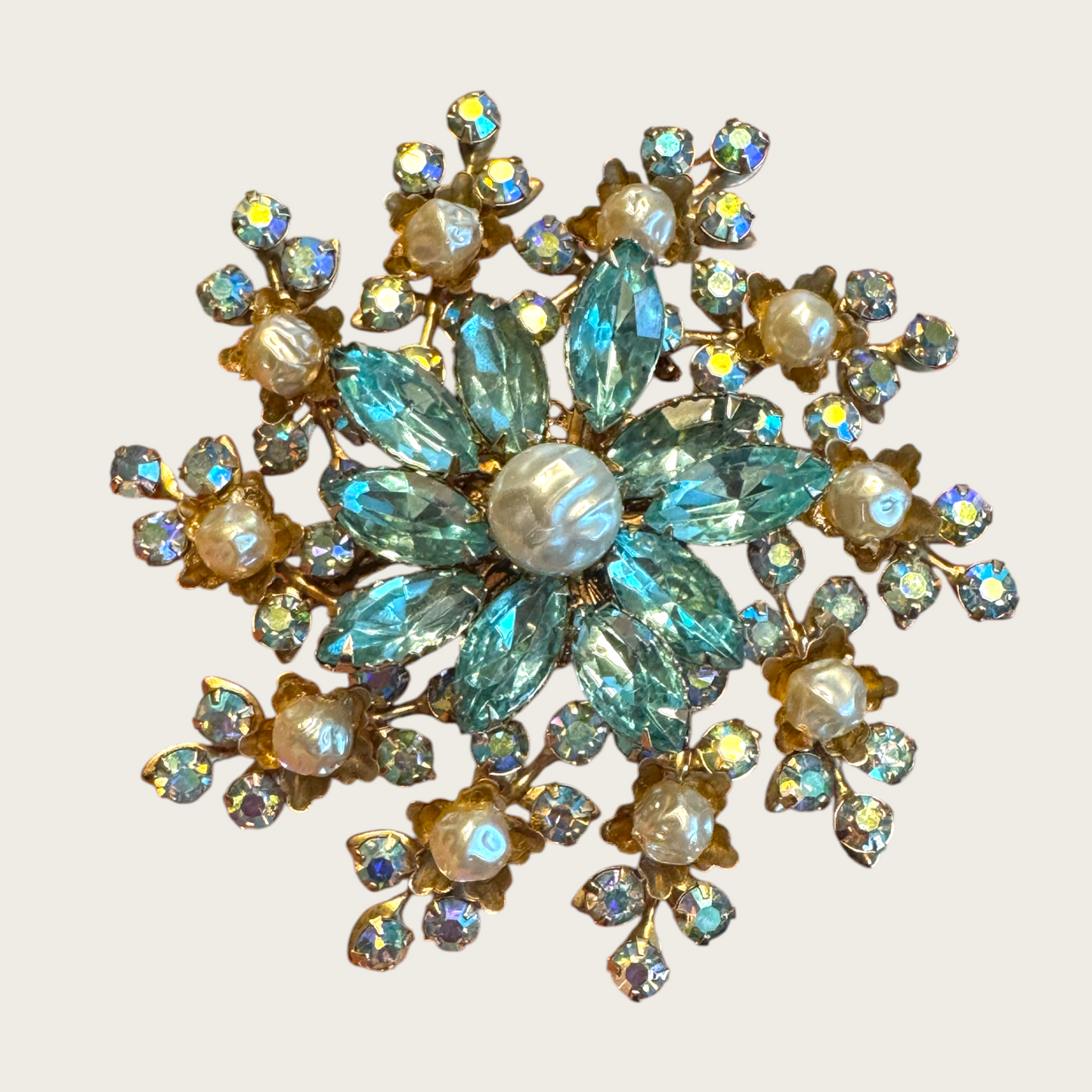 Vintage 1950s Large Domed Rhinestone & Faux Pearl Brooch – Aqua Navette and Aurora Borealis Statement Pin