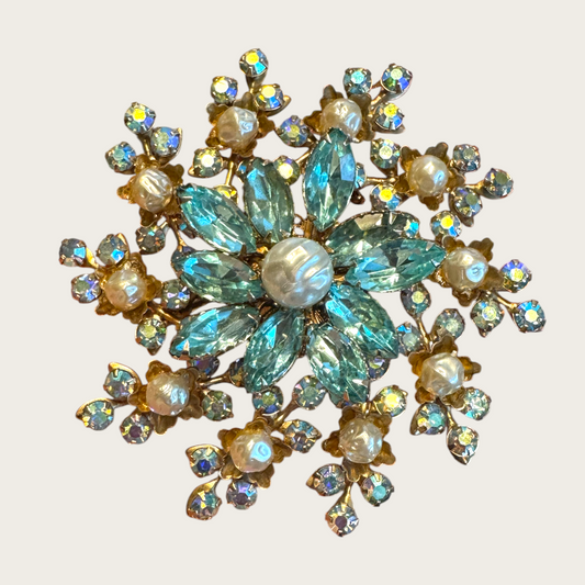 Vintage 1950s Large Domed Rhinestone & Faux Pearl Brooch – Aqua Navette and Aurora Borealis Statement Pin