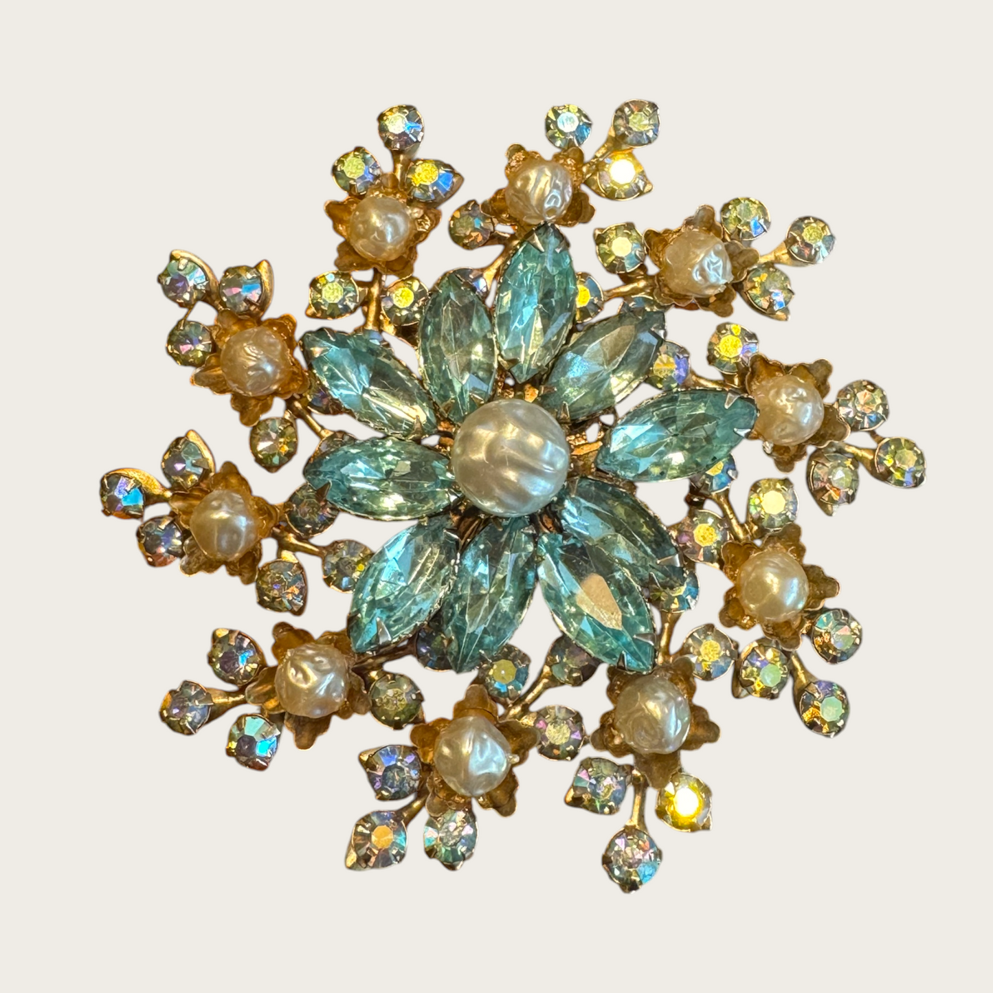 Vintage 1950s Large Domed Rhinestone & Faux Pearl Brooch – Aqua Navette and Aurora Borealis Statement Pin