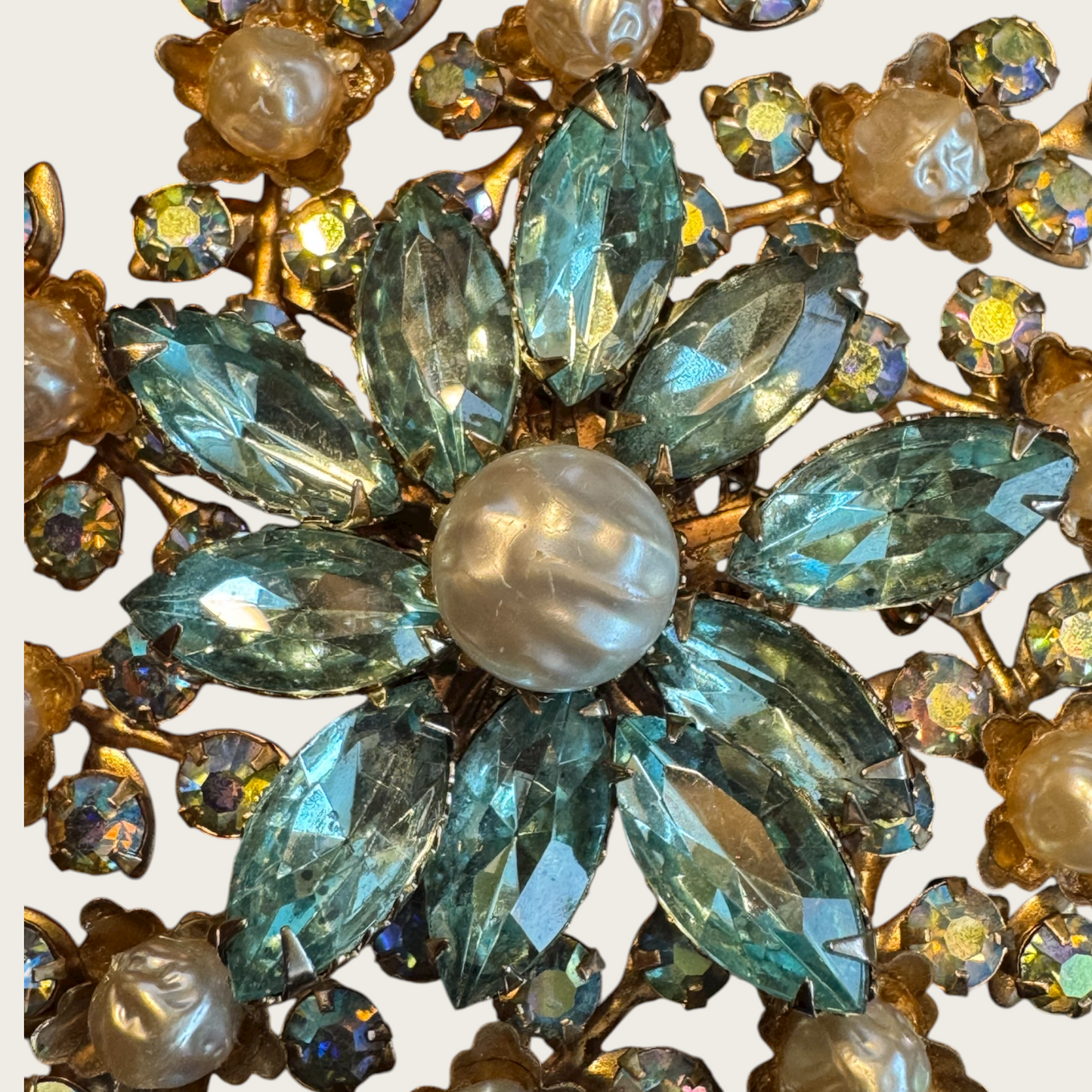 Vintage 1950s Large Domed Rhinestone & Faux Pearl Brooch – Aqua Navette and Aurora Borealis Statement Pin