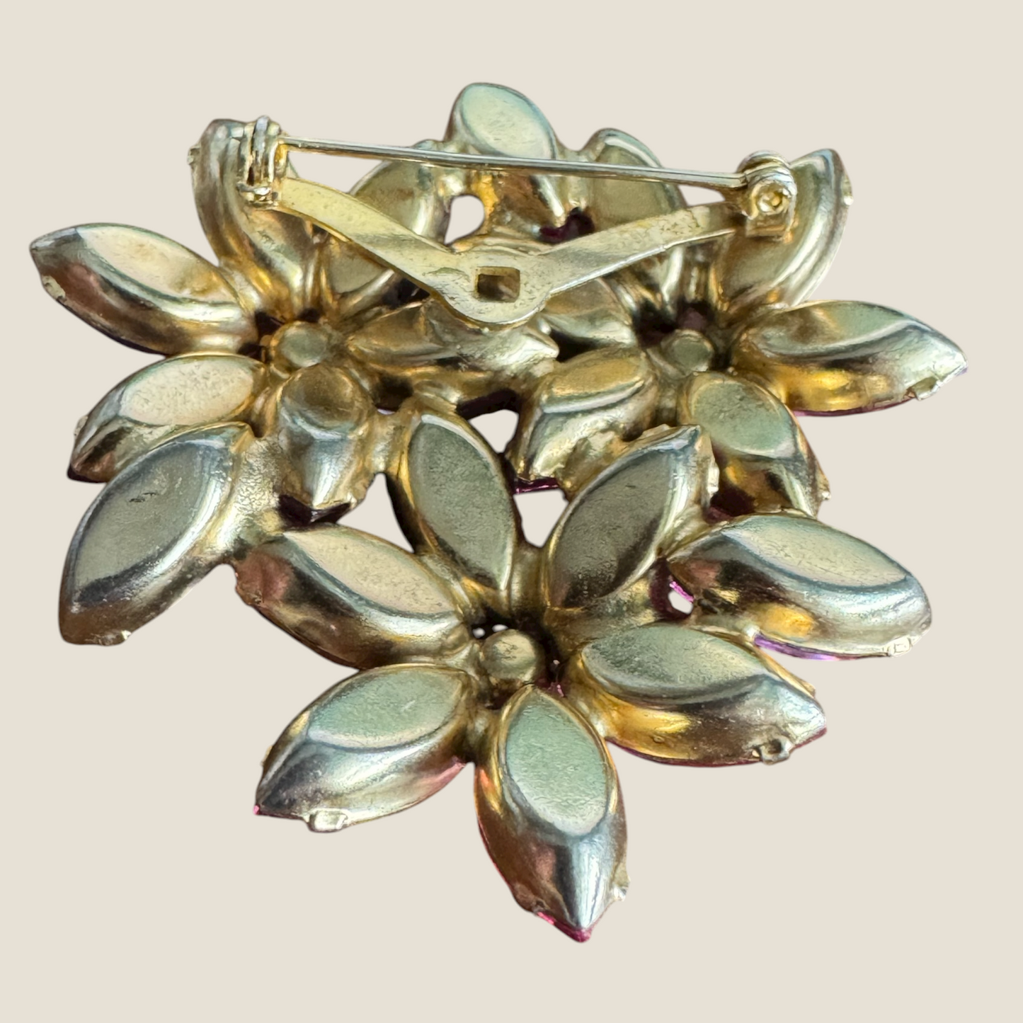 Vintage Pink Rhinestone Floral Bouquet Brooch – Mid-Century Layered Navette Statement Pin