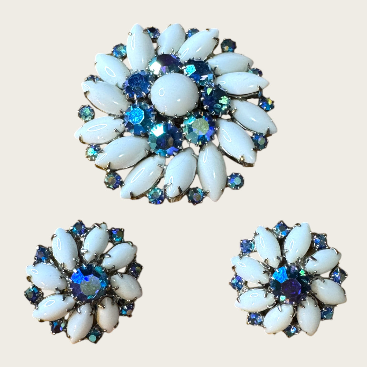 Weiss Blue Aurora Borealis & Milk Glass Brooch and Earrings Set