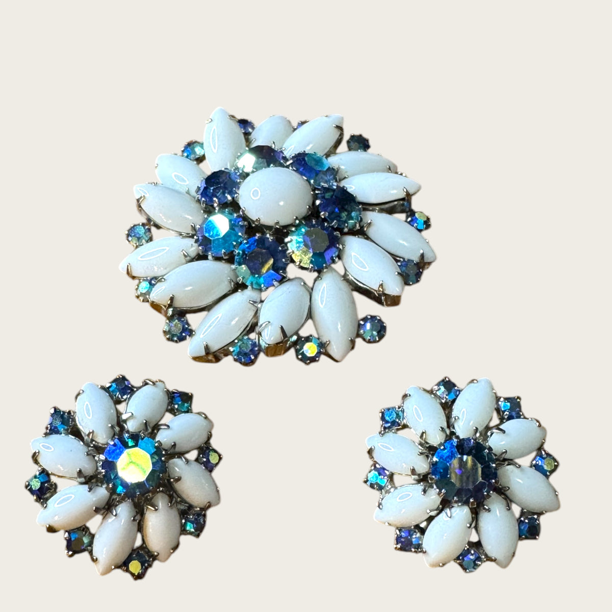 Weiss Blue Aurora Borealis & Milk Glass Brooch and Earrings Set