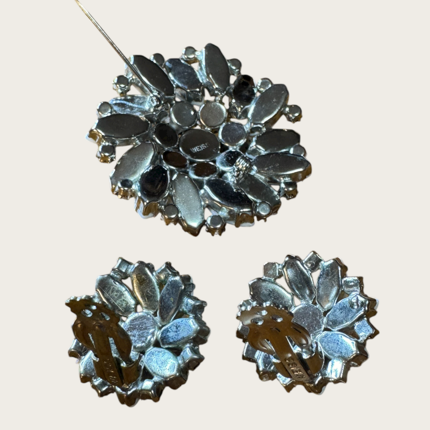 Weiss Blue Aurora Borealis & Milk Glass Brooch and Earrings Set