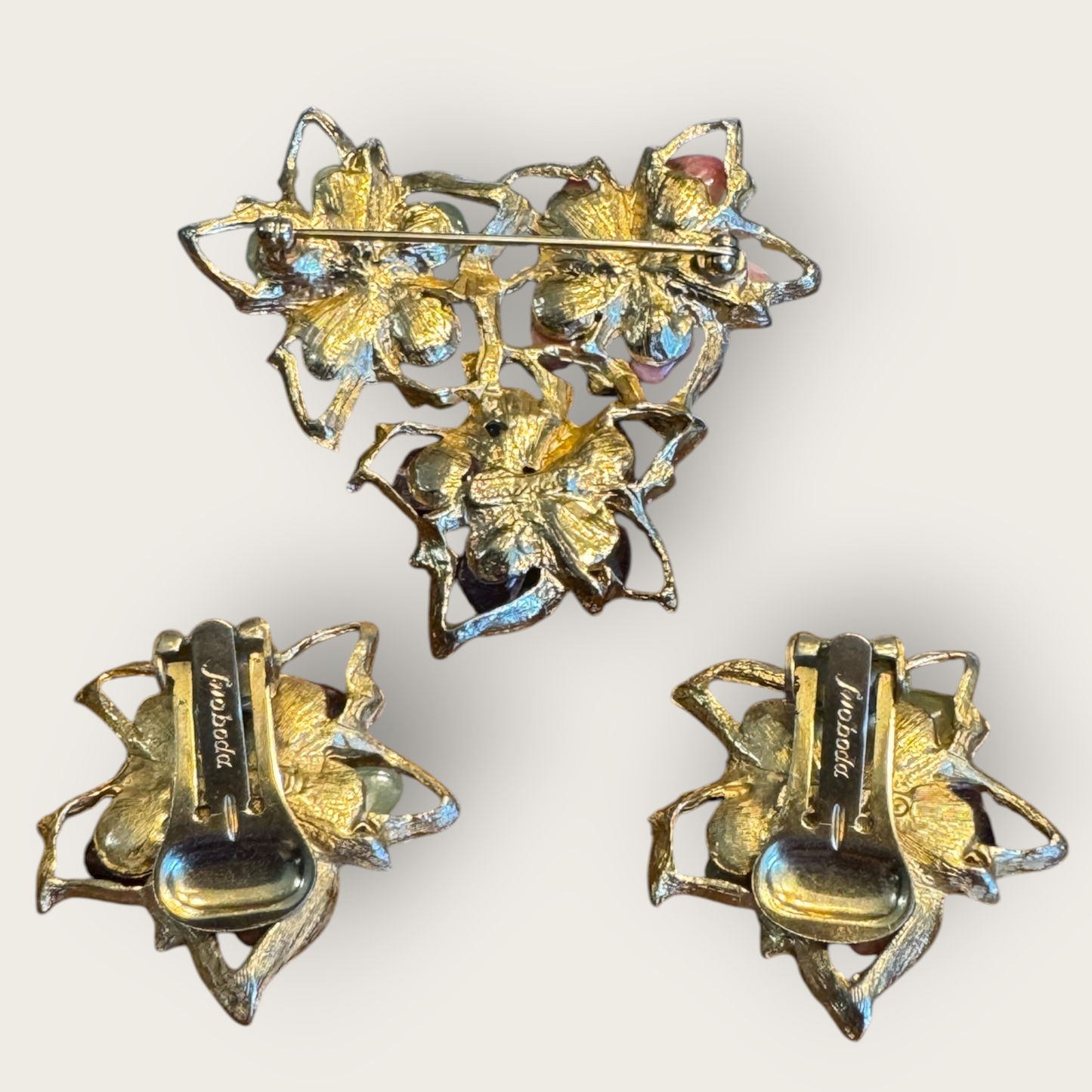 Vintage Swoboda Amethyst & Quartz Floral Brooch & Earrings Set with Real Pearls – Signed