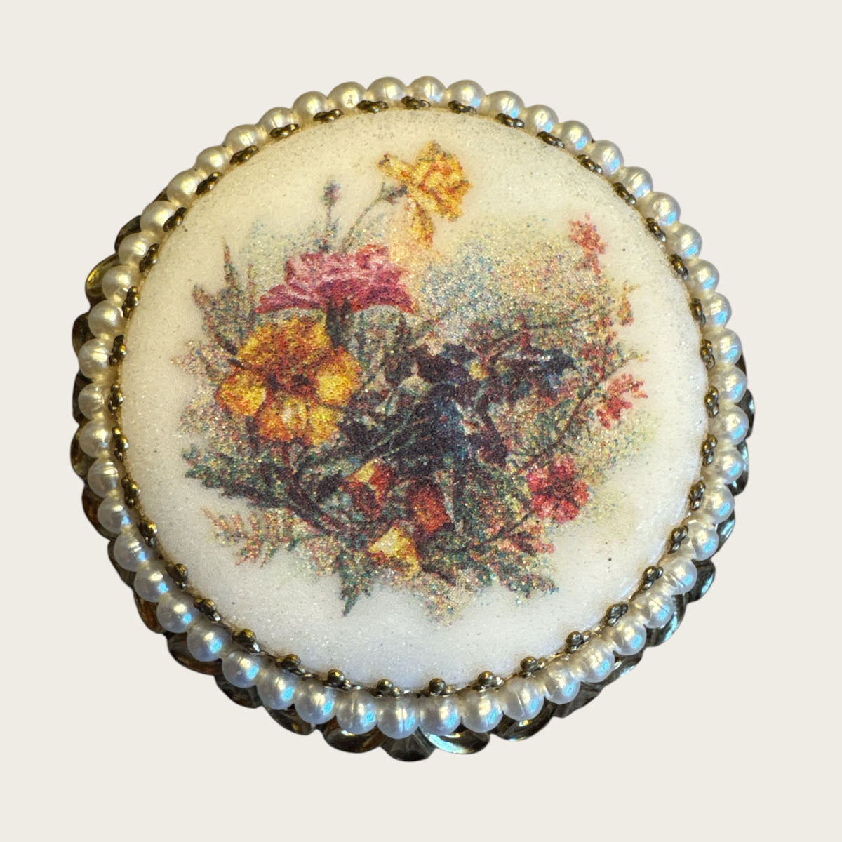 Mid-Century West Germany Floral Demi-Parure – Porcelain Transfer Brooch & Clip Earrings with Faux Pearl Filigree, c.1950s–1960s