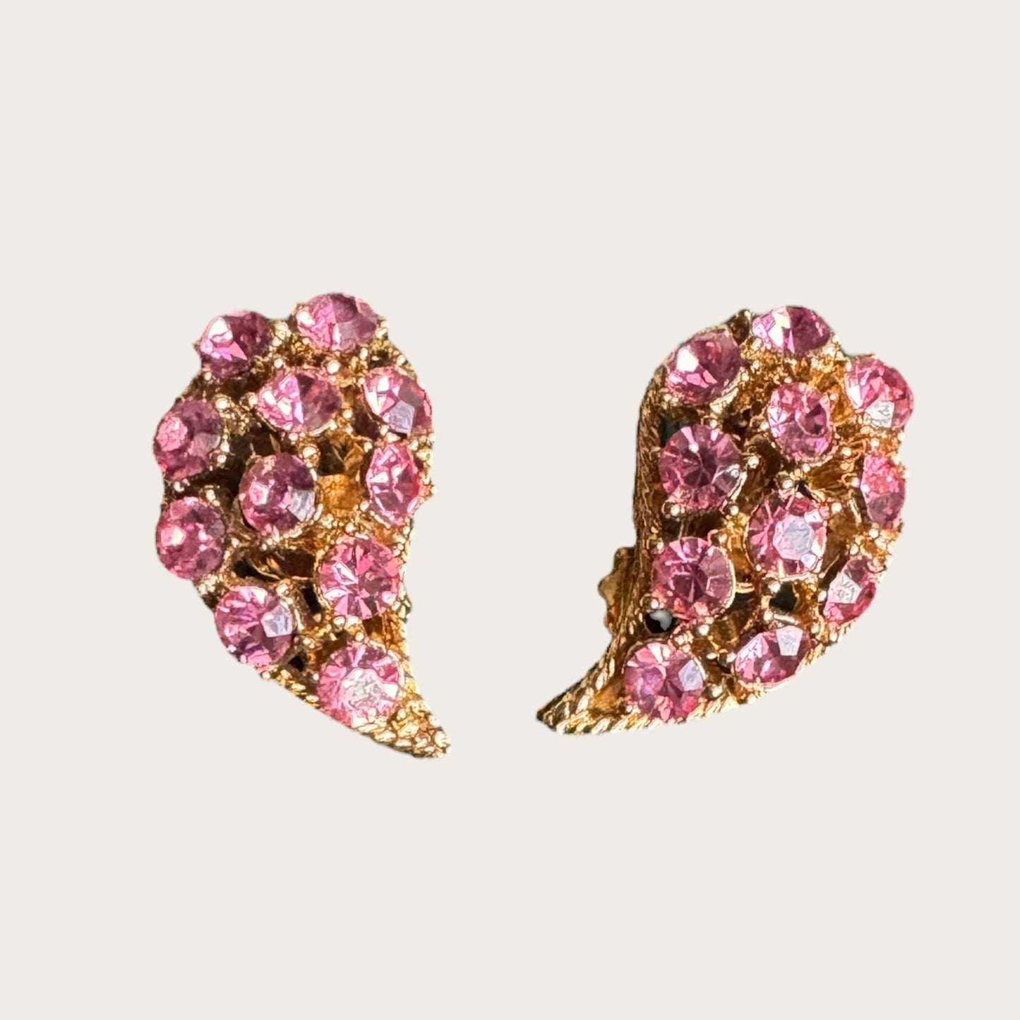 Vintage Pink Rhinestone Curved Leaf Clip-On Earrings