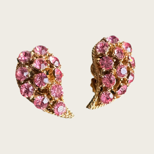 Vintage Pink Rhinestone Curved Leaf Clip-On Earrings