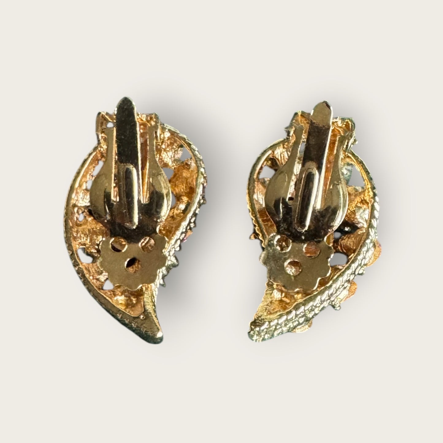 Vintage Pink Rhinestone Curved Leaf Clip-On Earrings