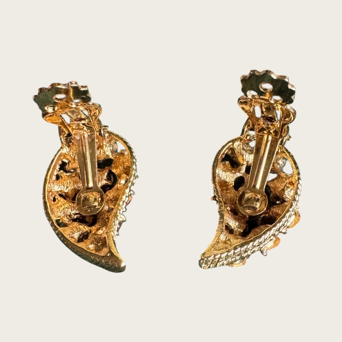 Vintage Pink Rhinestone Curved Leaf Clip-On Earrings