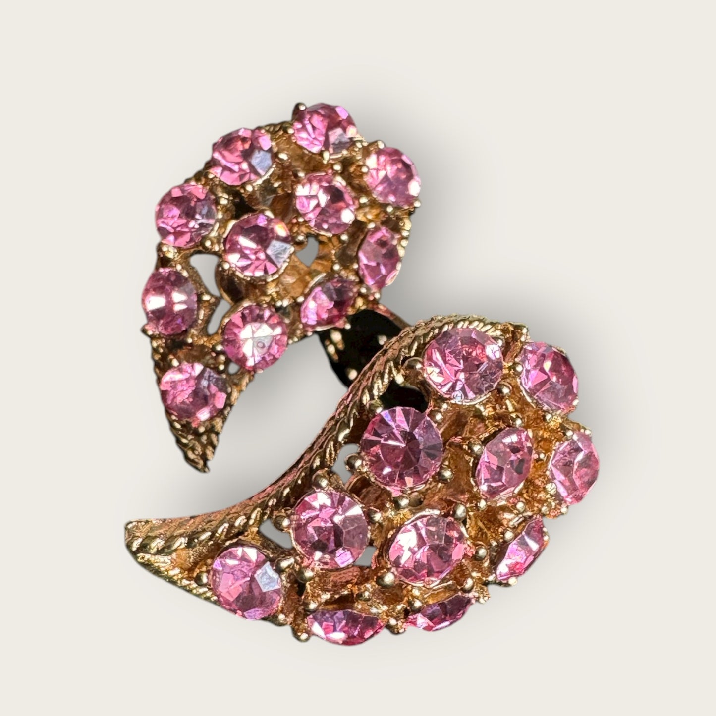 Vintage Pink Rhinestone Curved Leaf Clip-On Earrings