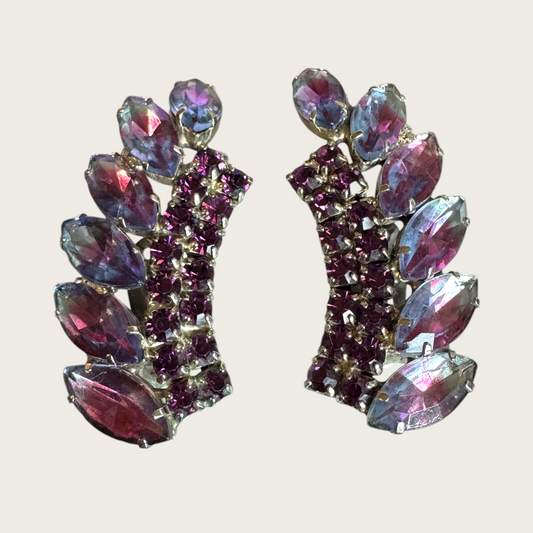 Vintage Madeleine Pink-Lavender Ombré Rhinestone Ear Climber Earrings, 1960s