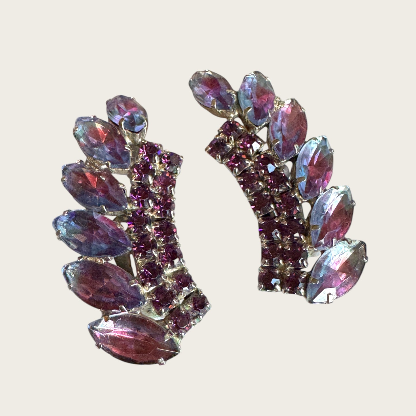 Vintage Madeleine Pink-Lavender Ombré Rhinestone Ear Climber Earrings, 1960s