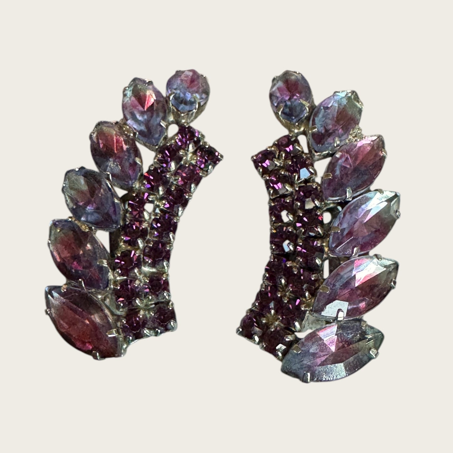 Vintage Madeleine Pink-Lavender Ombré Rhinestone Ear Climber Earrings, 1960s