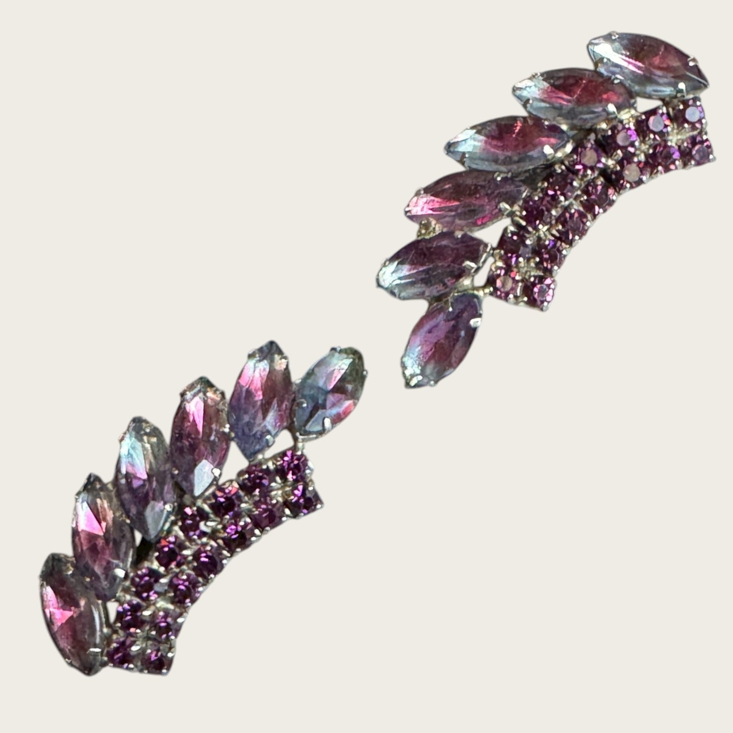 Vintage Madeleine Pink-Lavender Ombré Rhinestone Ear Climber Earrings, 1960s