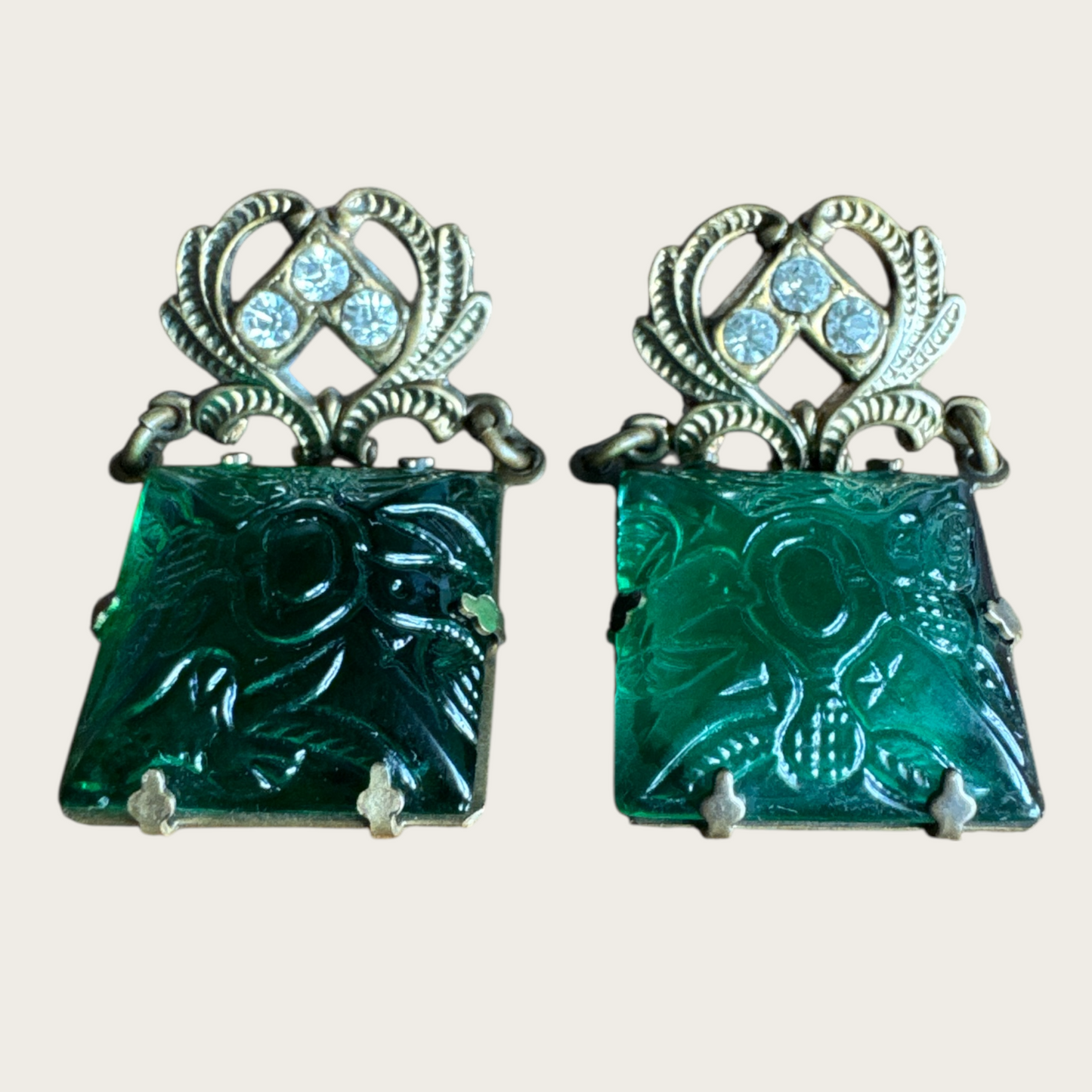Vintage Carved Green Glass Earrings with Rhinestone Scroll Tops – Mid-Century Czech Style Post Earrings