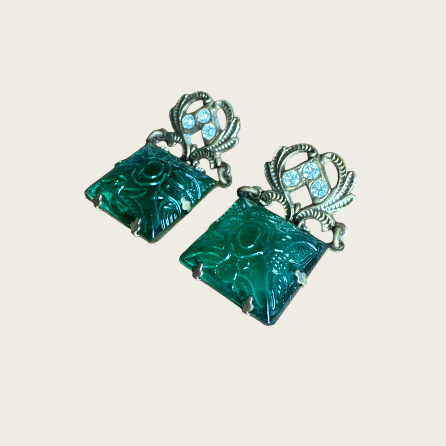 Vintage Carved Green Glass Earrings with Rhinestone Scroll Tops – Mid-Century Czech Style Post Earrings