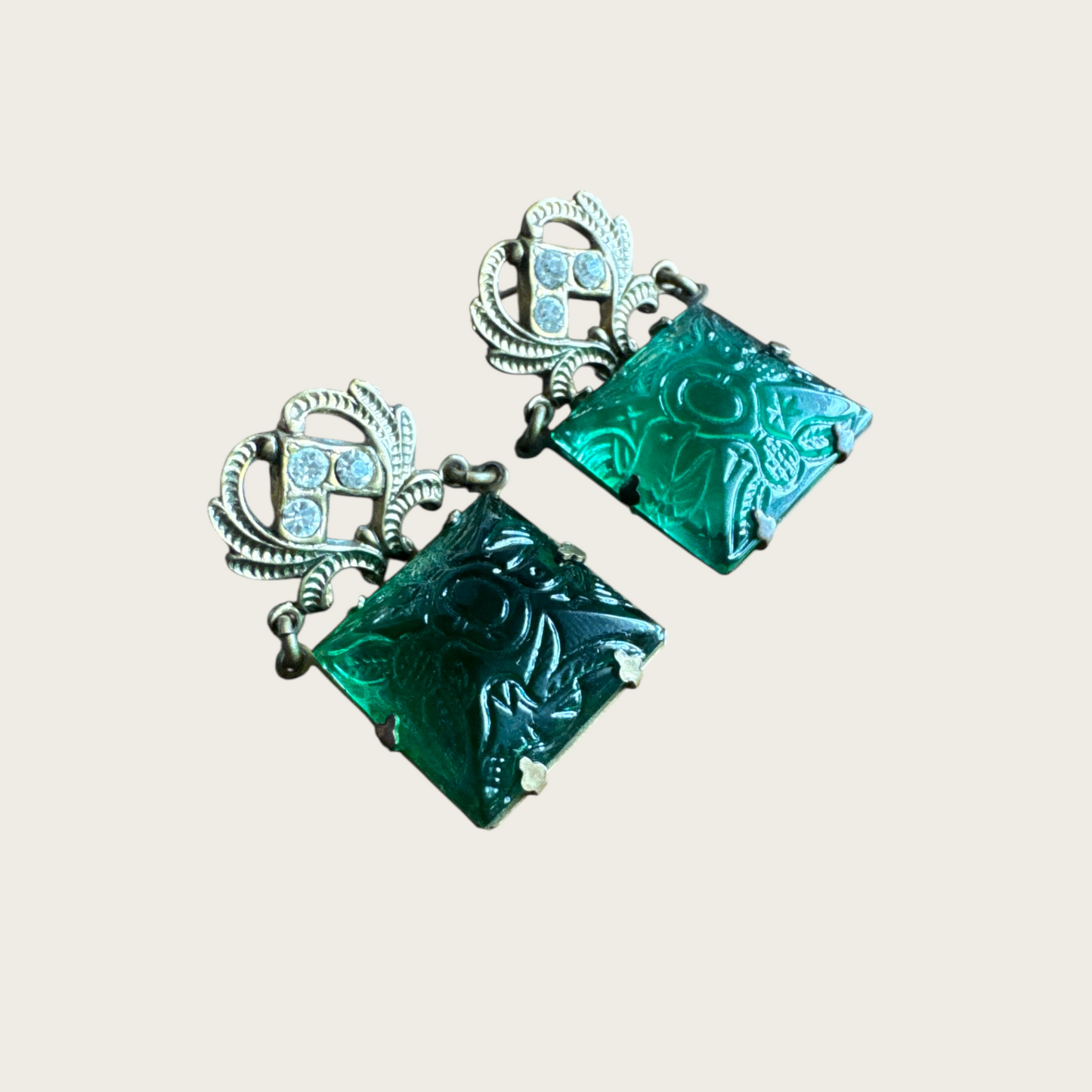 Vintage Carved Green Glass Earrings with Rhinestone Scroll Tops – Mid-Century Czech Style Post Earrings