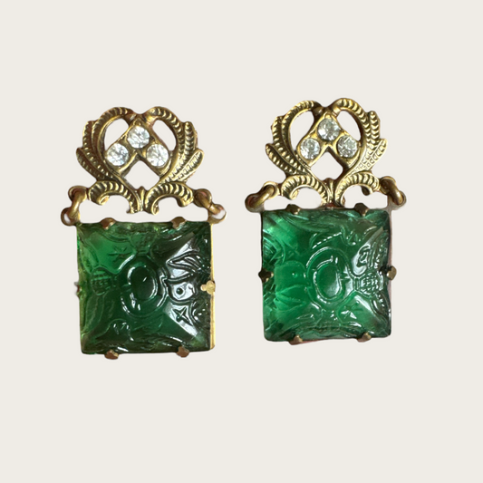 Vintage Carved Green Glass Earrings with Rhinestone Scroll Tops – Mid-Century Czech Style Post Earrings