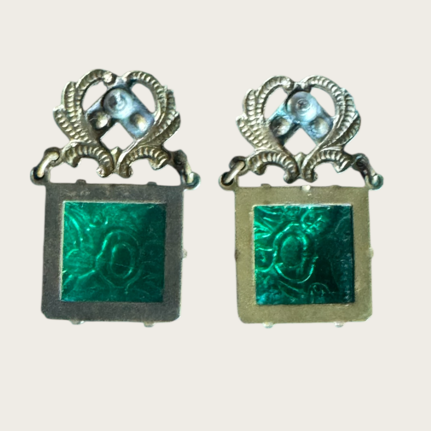 Vintage Carved Green Glass Earrings with Rhinestone Scroll Tops – Mid-Century Czech Style Post Earrings