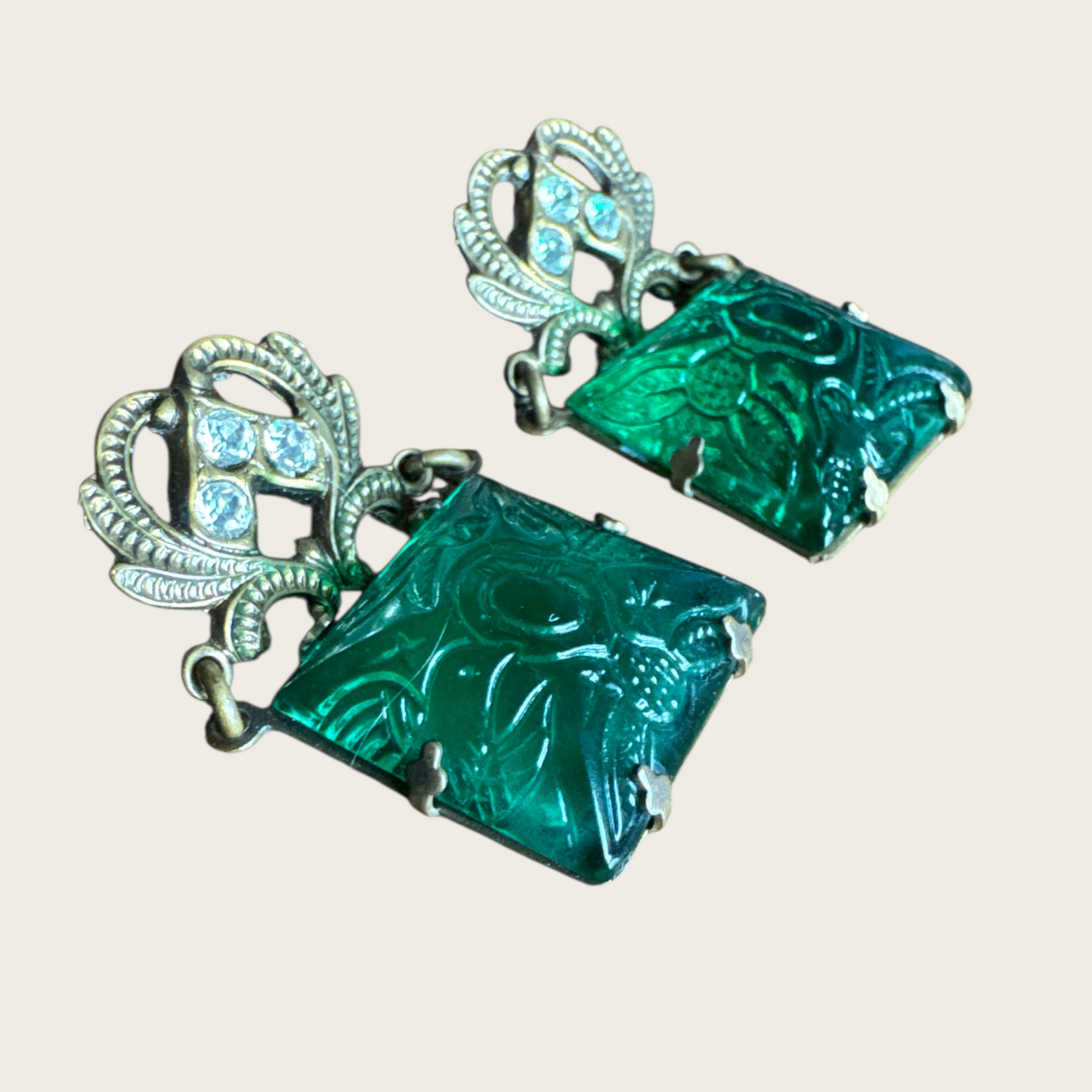 Vintage Carved Green Glass Earrings with Rhinestone Scroll Tops – Mid-Century Czech Style Post Earrings