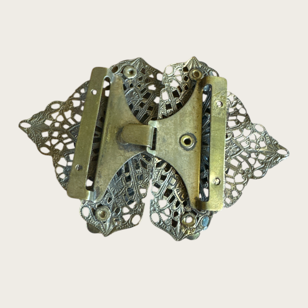 Antique Filigree Brass & Pearl Belt Buckle – Art Deco European Design