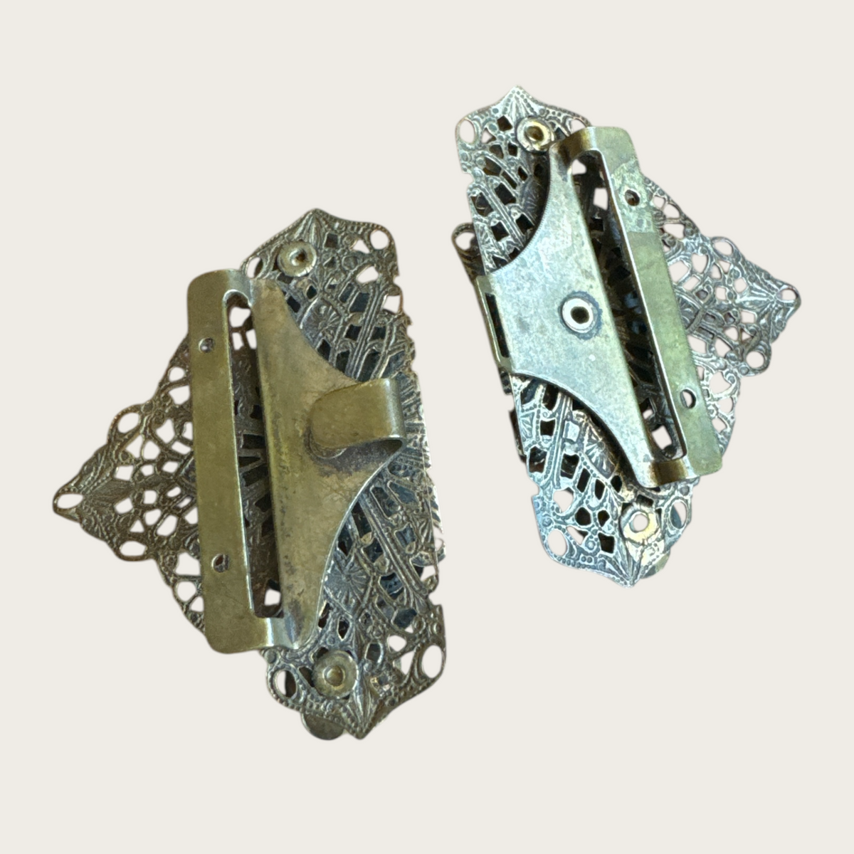 Antique Filigree Brass & Pearl Belt Buckle – Art Deco European Design
