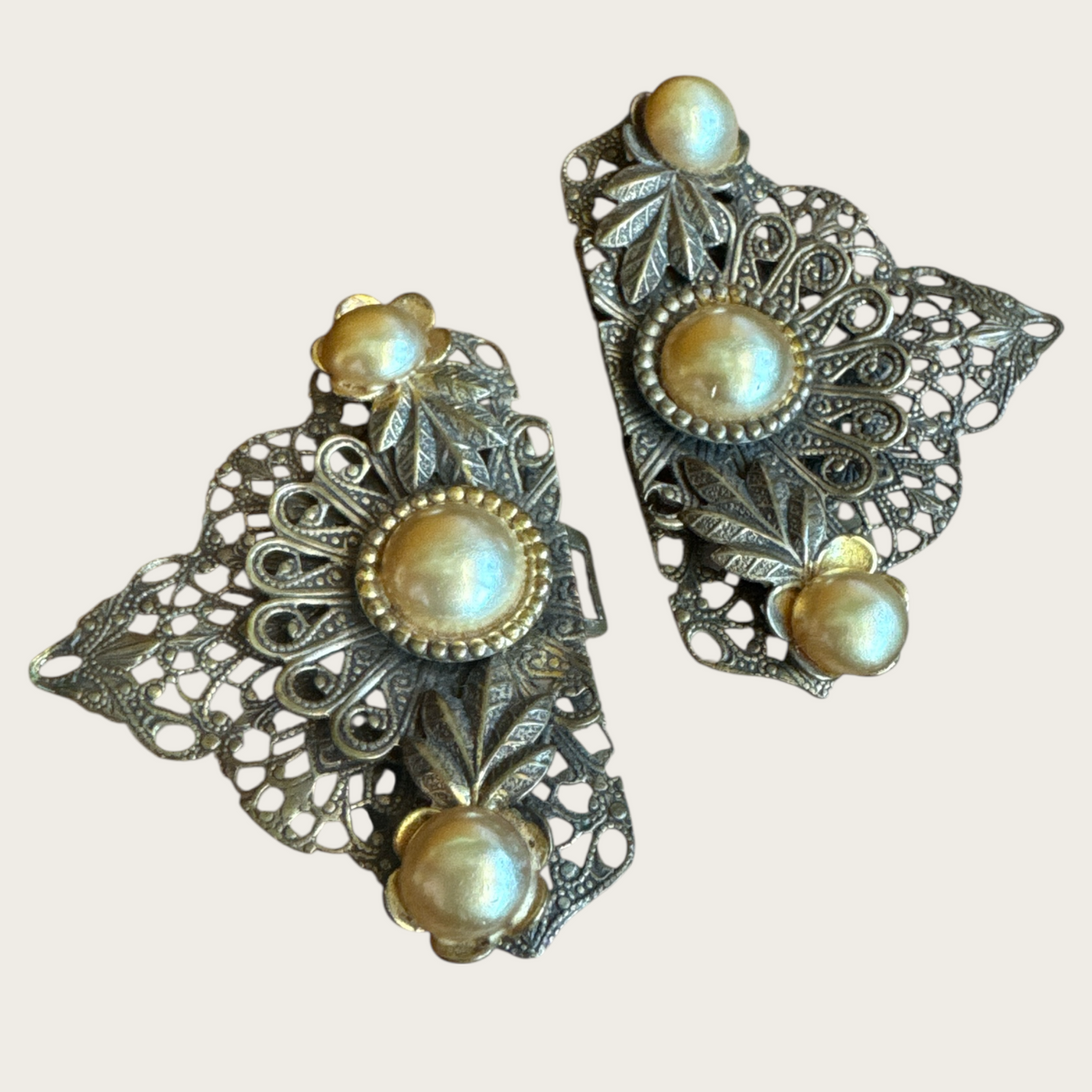 Antique Filigree Brass & Pearl Belt Buckle – Art Deco European Design