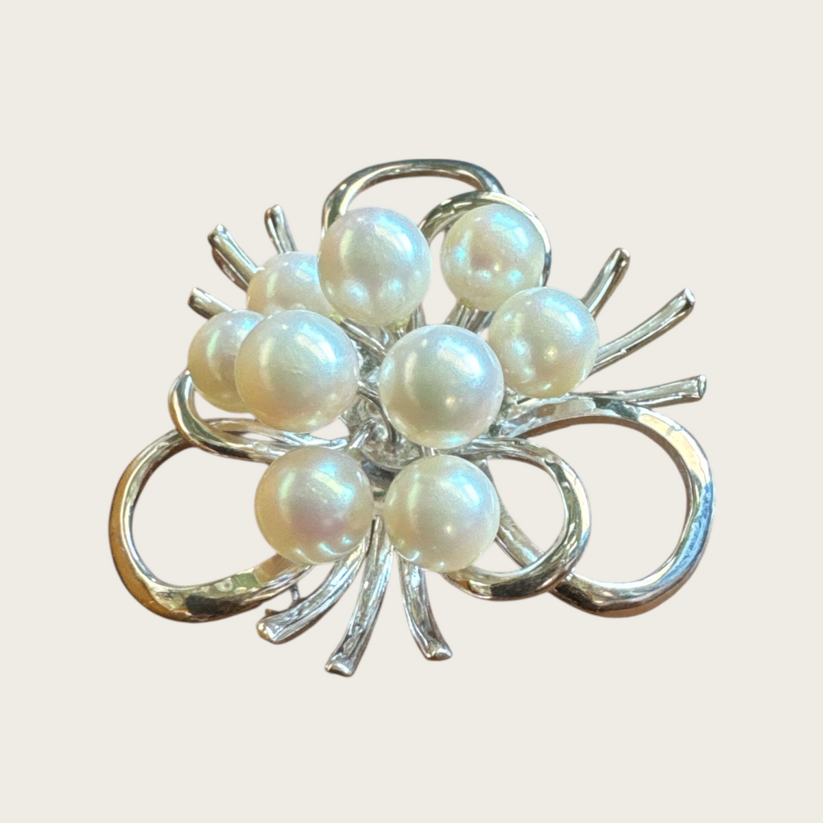 Vintage Sterling Silver Cultured Pearl Brooch & Pendant – Mid-Century Modern Ribbon Spray Design