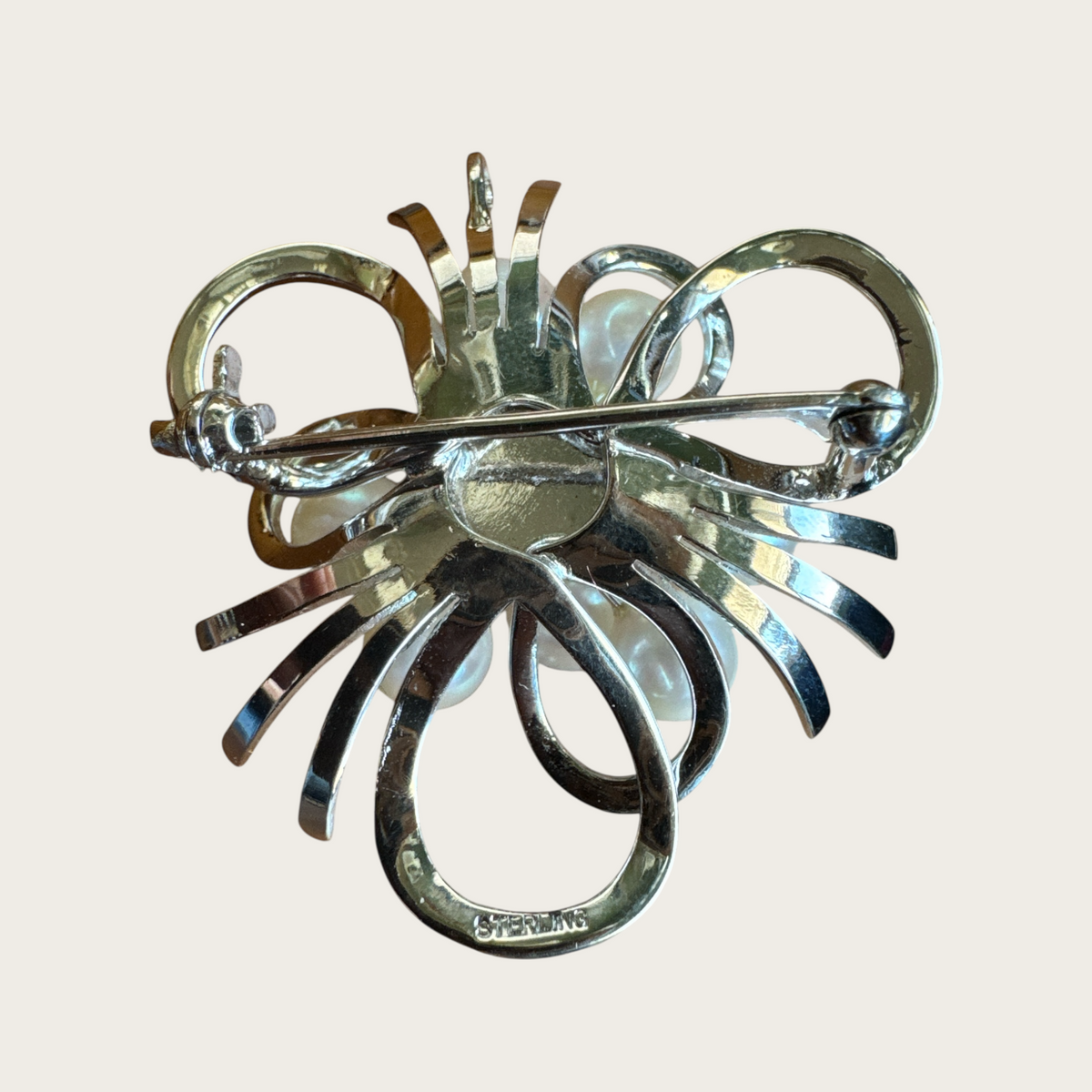 Vintage Sterling Silver Cultured Pearl Brooch & Pendant – Mid-Century Modern Ribbon Spray Design