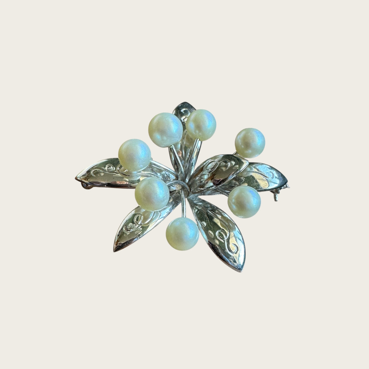 Vintage Sterling Silver Leaf Spray Brooch with Cultured Pearls – Mid-Century Elegance