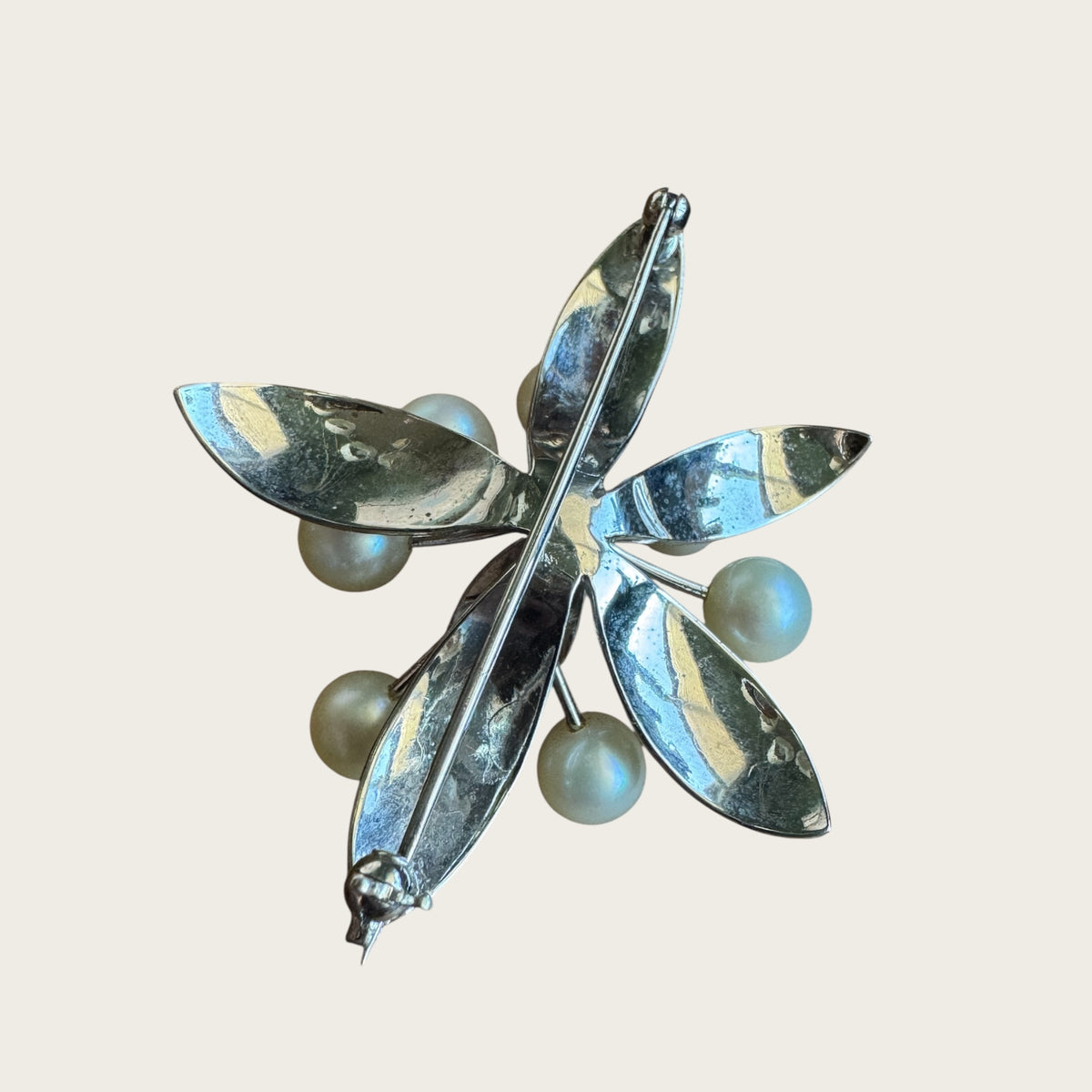 Vintage Sterling Silver Leaf Spray Brooch with Cultured Pearls – Mid-Century Elegance
