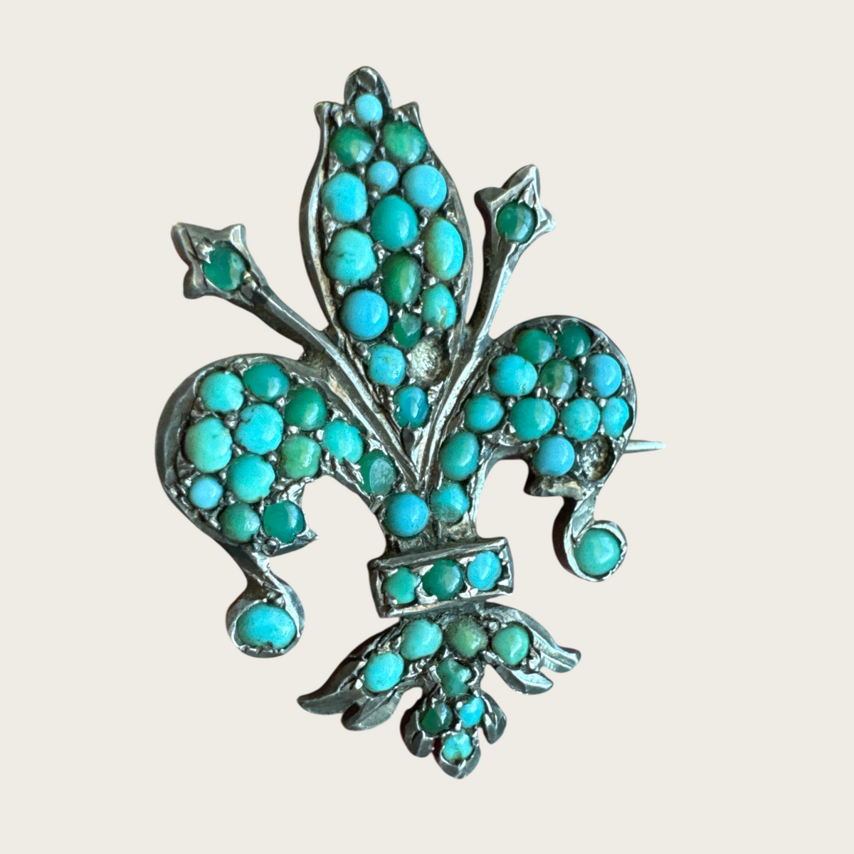 Antique 800 Silver Fleur-de-Lis Brooch with Persian Turquoise – 19th Century European Design