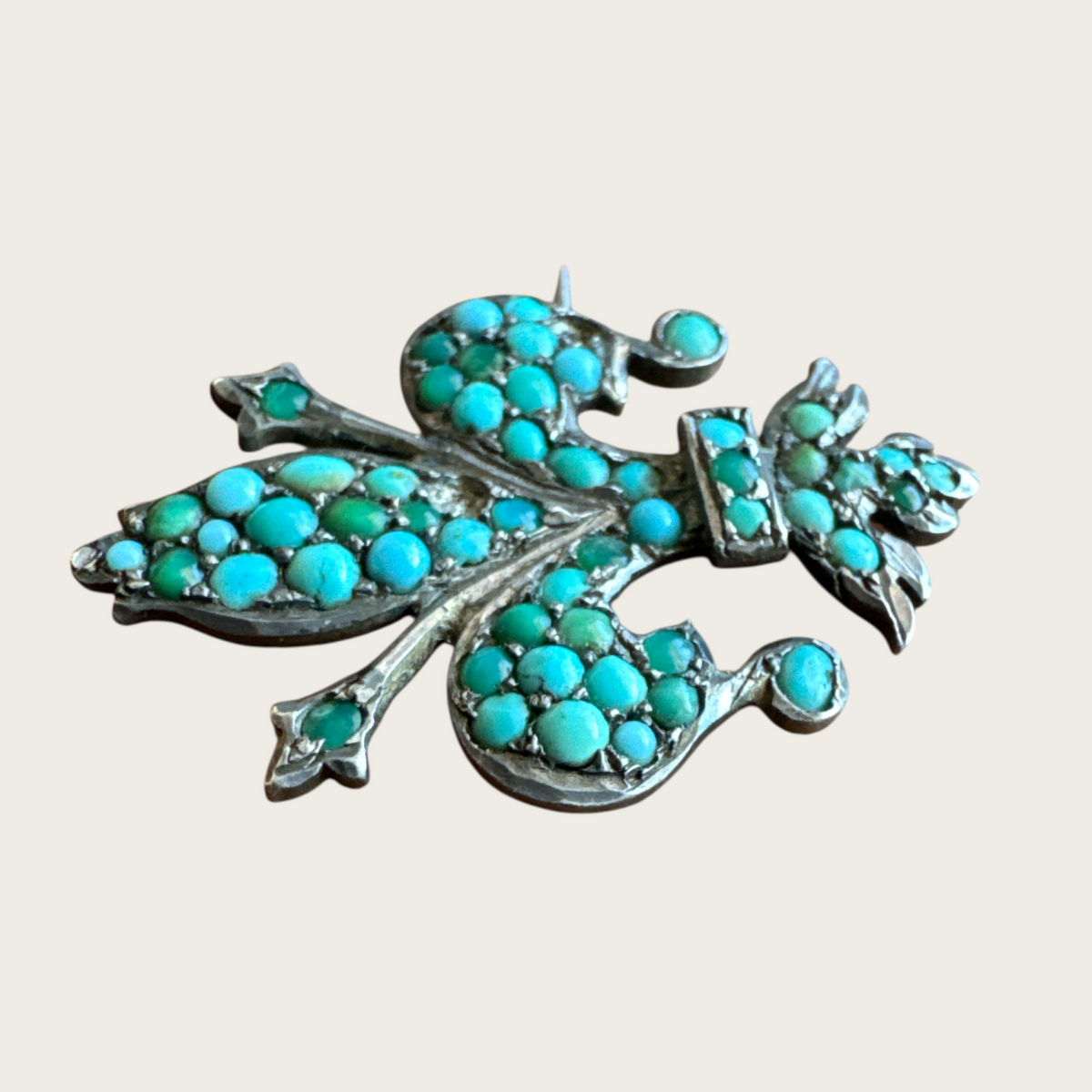 Antique 800 Silver Fleur-de-Lis Brooch with Persian Turquoise – 19th Century European Design