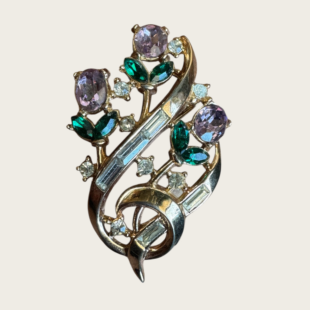 Rare 1950s Trifari Alfred Philippe Floral Bouquet Brooch – Pat. Pending Gold-Tone with Lavender, Emerald & Clear Rhinestones