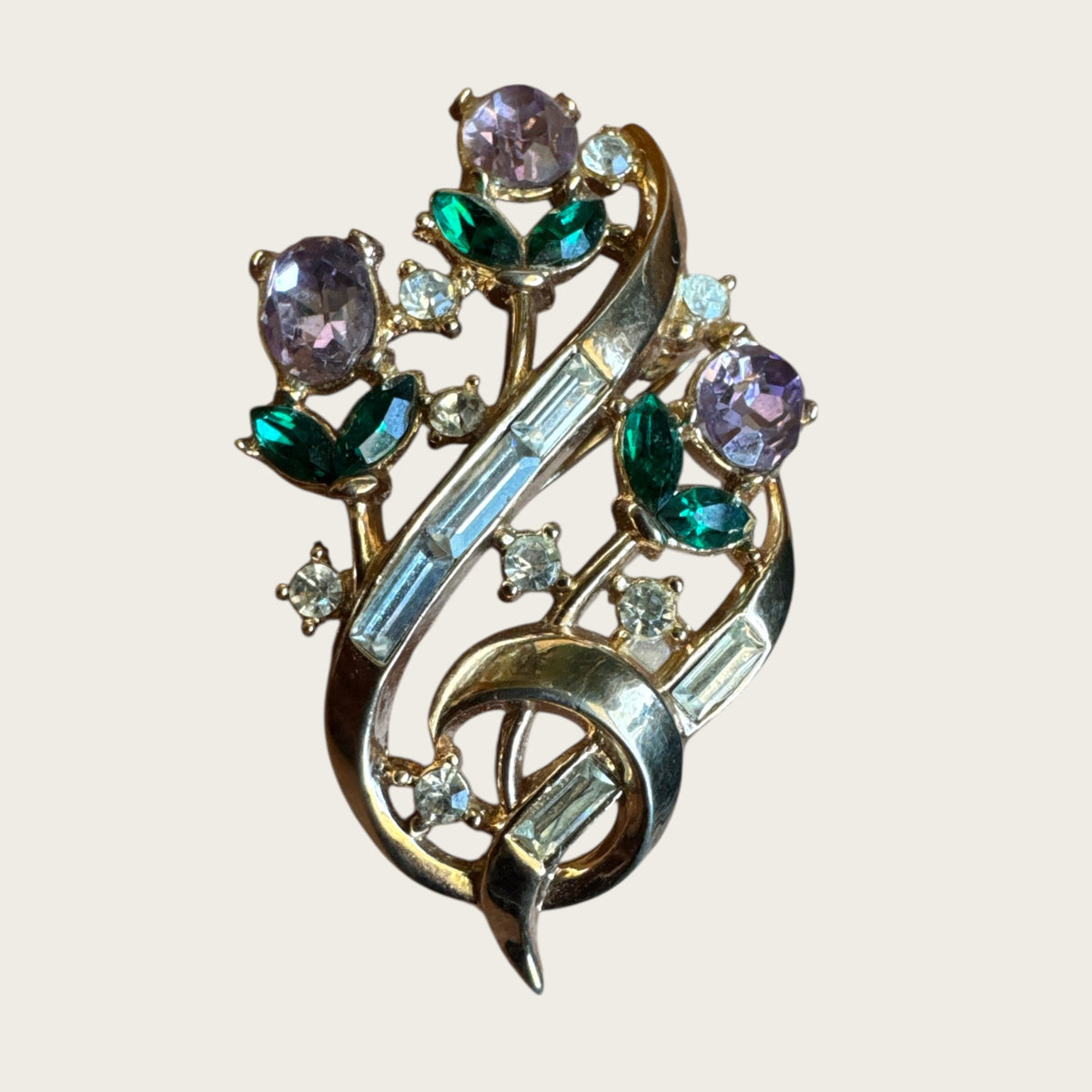 Rare 1950s Trifari Alfred Philippe Floral Bouquet Brooch – Pat. Pending Gold-Tone with Lavender, Emerald & Clear Rhinestones