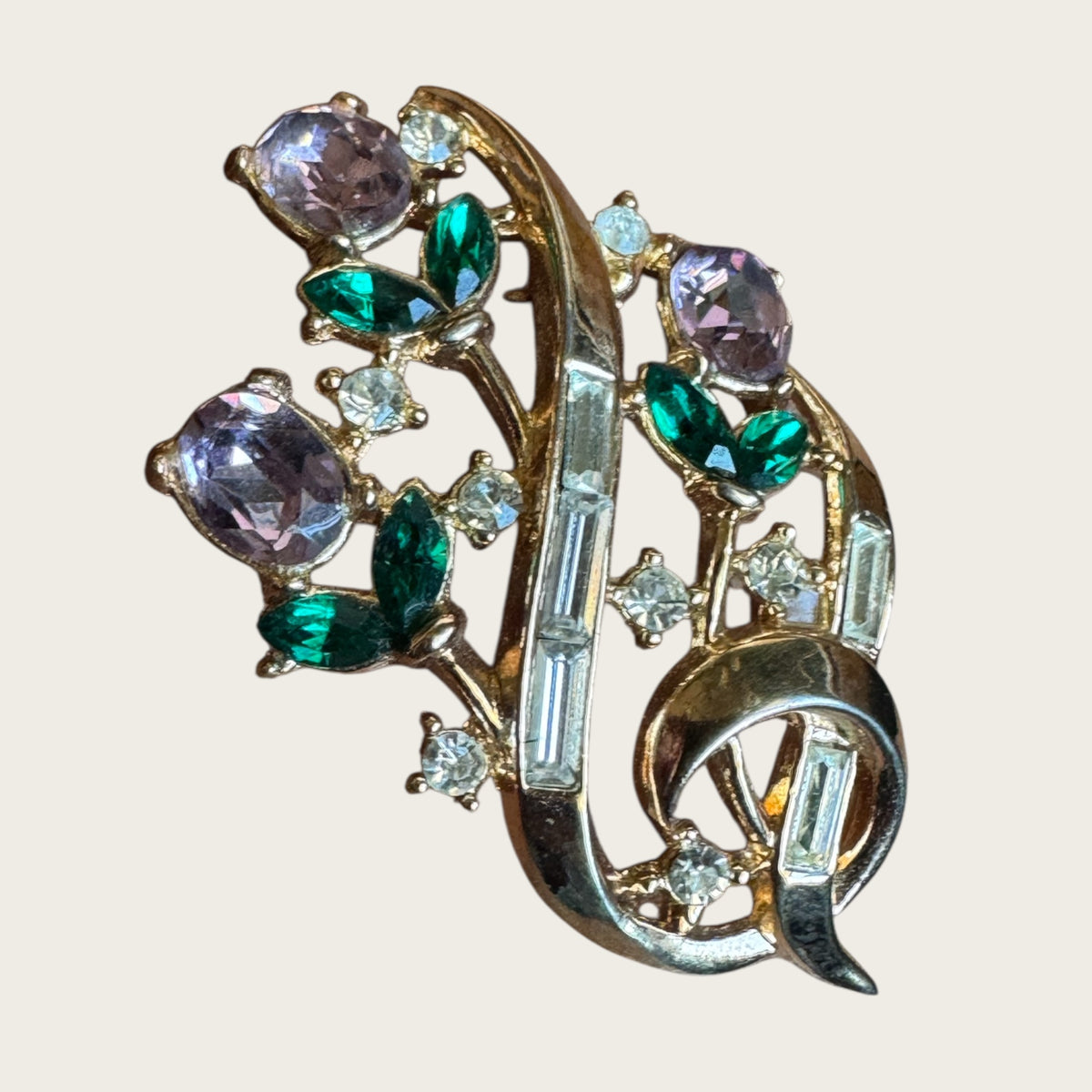 Rare 1950s Trifari Alfred Philippe Floral Bouquet Brooch – Pat. Pending Gold-Tone with Lavender, Emerald & Clear Rhinestones