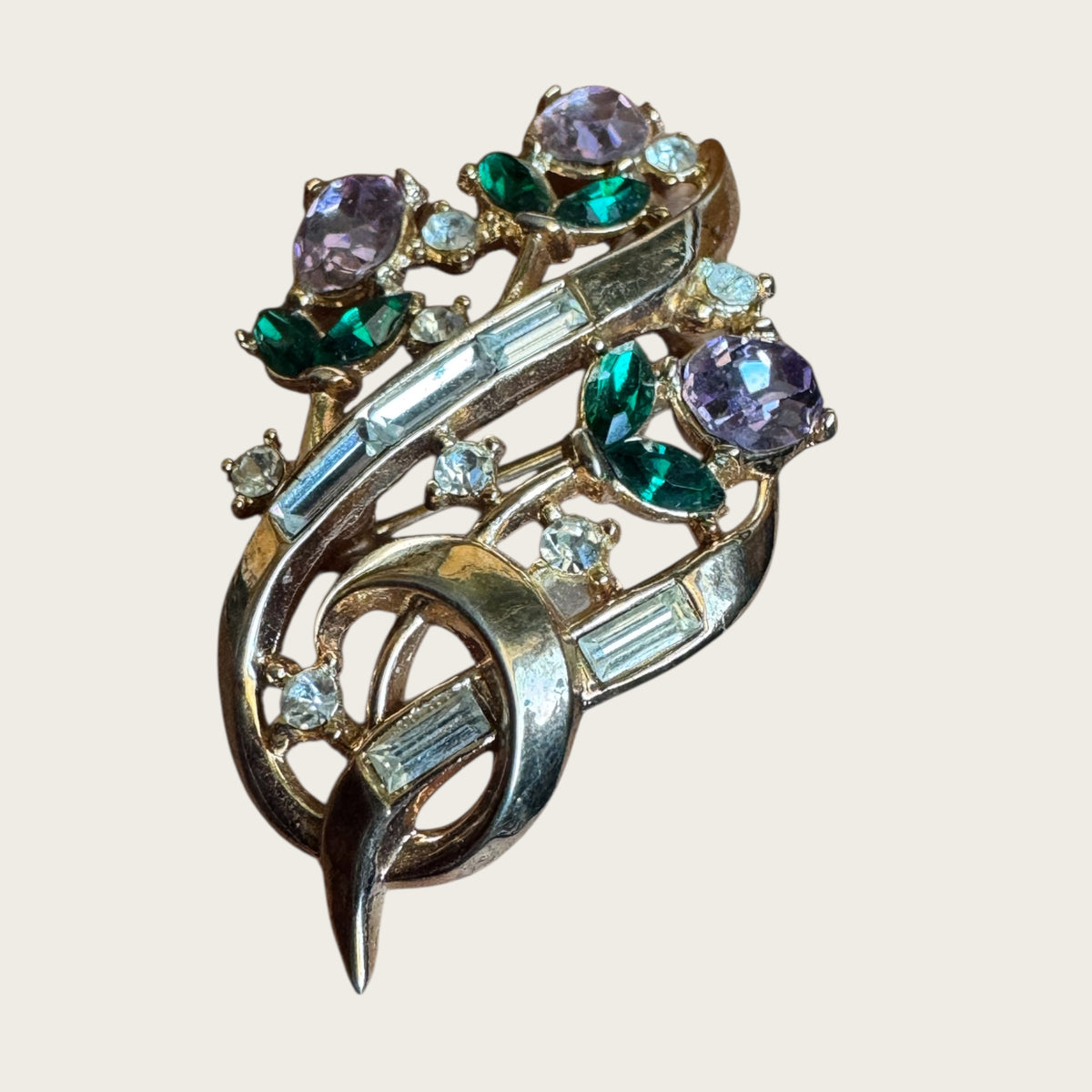 Rare 1950s Trifari Alfred Philippe Floral Bouquet Brooch – Pat. Pending Gold-Tone with Lavender, Emerald & Clear Rhinestones