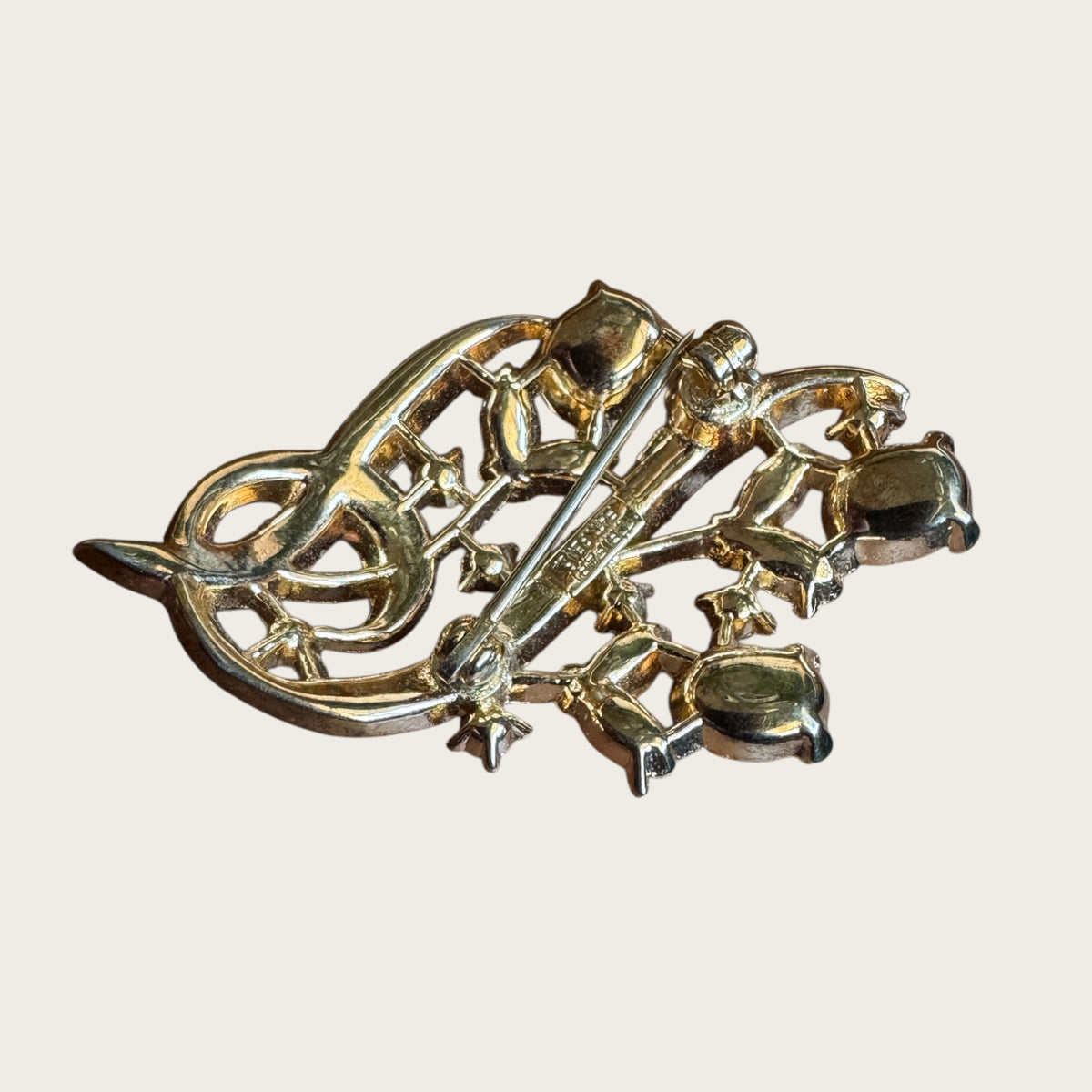 Rare 1950s Trifari Alfred Philippe Floral Bouquet Brooch – Pat. Pending Gold-Tone with Lavender, Emerald & Clear Rhinestones