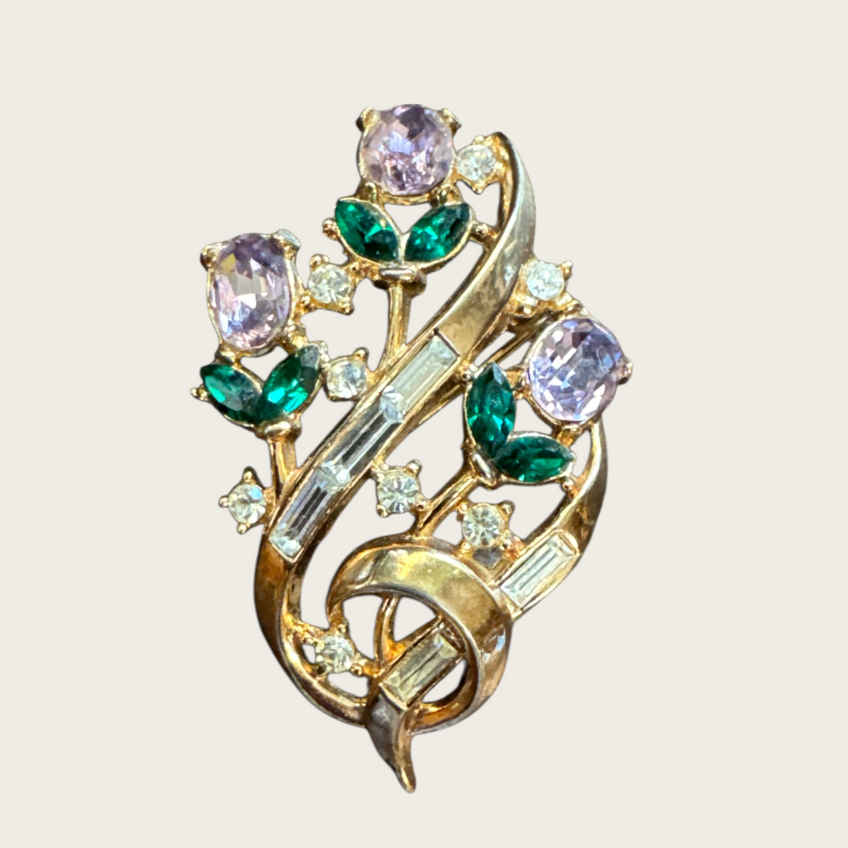 Rare 1950s Trifari Alfred Philippe Floral Bouquet Brooch – Pat. Pending Gold-Tone with Lavender, Emerald & Clear Rhinestones
