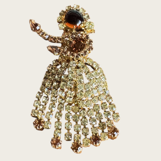 Vintage Rhinestone Dancer Brooch – Golden Topaz & Amber Cabochon in Gold Tone
